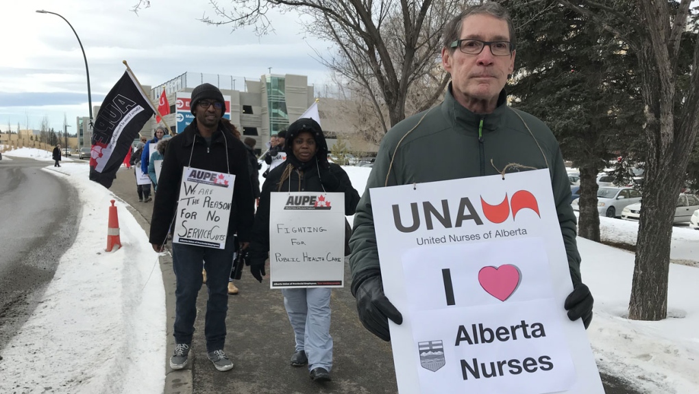 Thousands of supporters of Alberta's health-care workers staged demonstrations throughout the province on Thursday to protest cuts by the Kenney government.