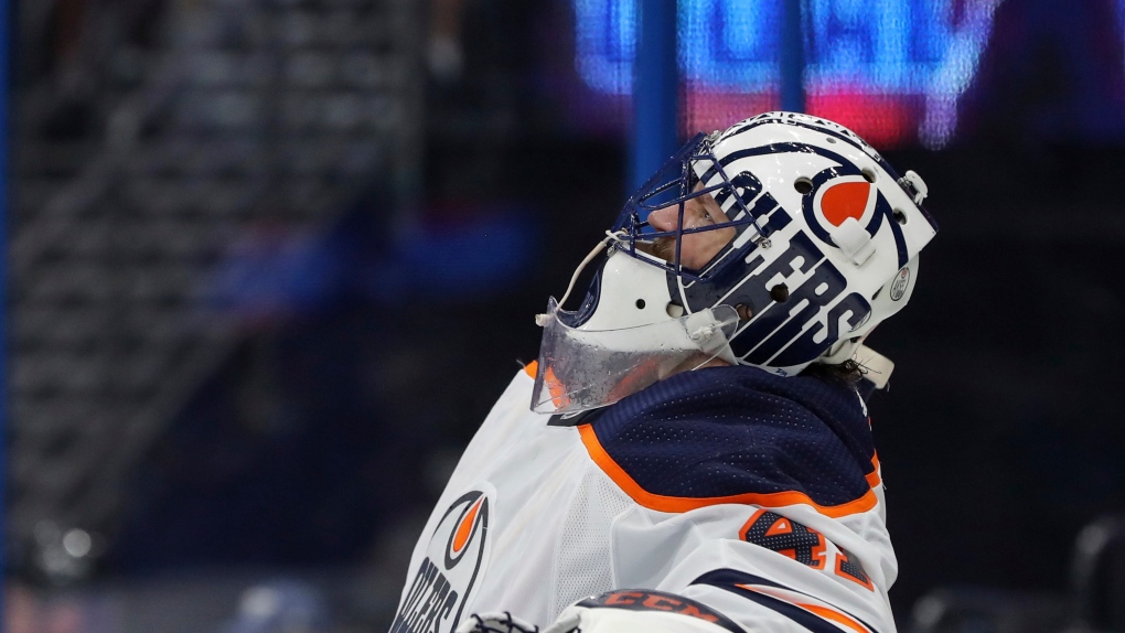 Edmonton Oilers goaltender Mike Smith reacts after giving up a goal to Tampa Bay Lightning's Pat Maroon during the second period of an NHL hockey game Thursday, Feb. 13, 2020, in Tampa, Fla. (AP Photo/Mike Carlson)