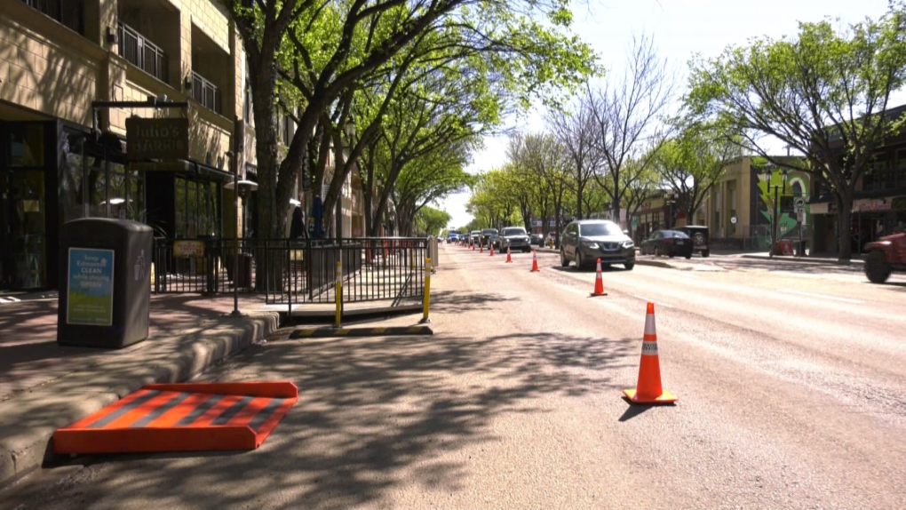 Some lanes on Whyte Avenue have been closed to give reopening businesses more room to welcome customers back during the pandemic. May 28, 2020. (CTV News Edmonton)