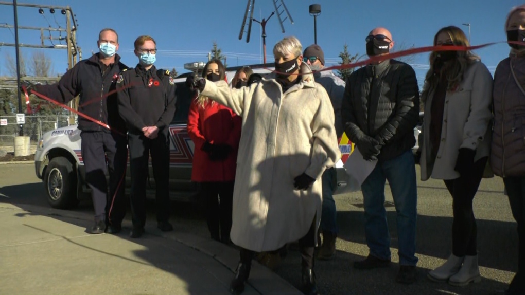 Brenda Brown officially launched MADD's 34th red ribbon campaign with the ceremonial ribbon cutting in Red Deer, Alta. on Nov. 1, 2021. (Jay Rosove/CTV News Edmonton)