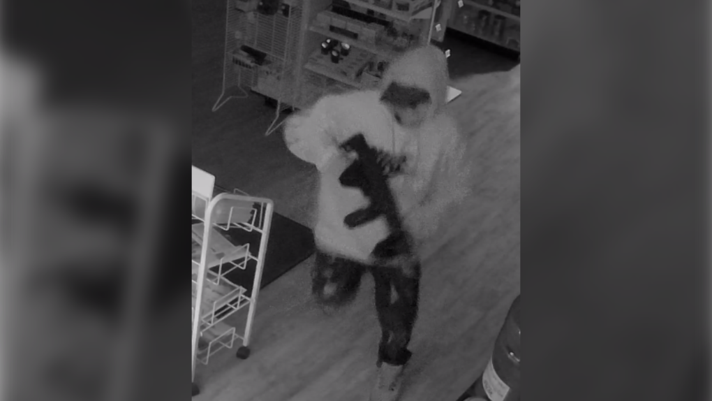 Surveillance video from a Two Hills, Alta., pharmacy shows a suspect police need help identifying (Source: RCMP).