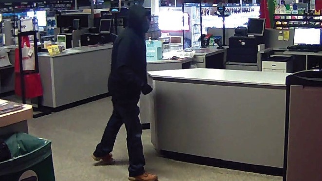 Surveillance footage shows the suspect RCMP believe stole several laptops and mobile phones from a Staples in Fort McMurray, Alta. (Source: RCMP).