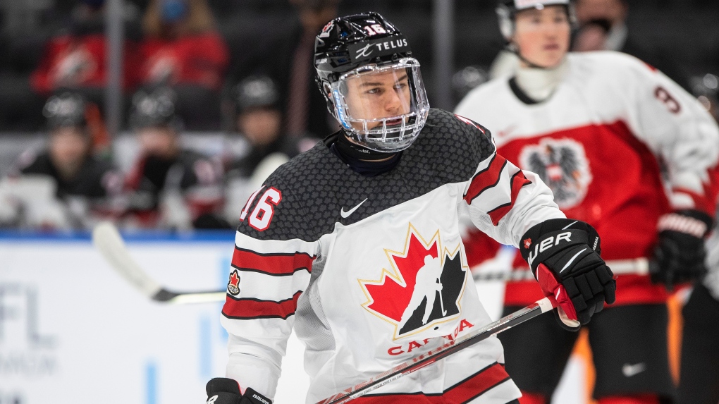 Canada's Connor Bedard (16) skates against Austria during third period IIHF World Junior Hockey Championship action in Edmonton on Tuesday, December 28, 2021. THE CANADIAN PRESS/Jason Franson 