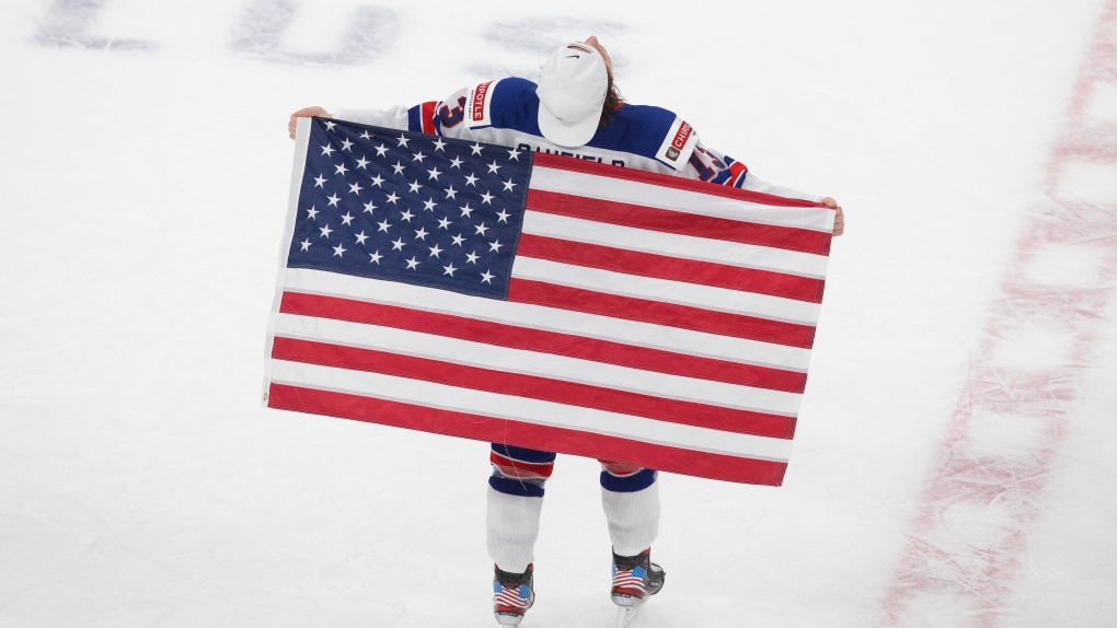 An American player celebrates the win over Canada in IIHF World Junior Hockey Championship gold medal game action in Edmonton on Tuesday, January 5, 2021. THE CANADIAN PRESS/Jason Franson 