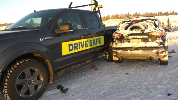 A photo radar truck was smashed in a collision in Edmonton on Dec. 29, 2021. (Matt Marshall/CTV News Edmonton)