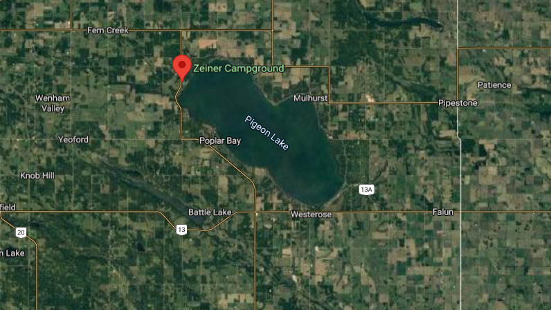 On July 30, 2021, Alberta Health Services began advising the public not to swim at Zeiner Beach on Pigeon Lake after elevated fecal bacteria was found there. (Source: Google Maps)