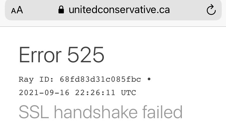 A screenshot showing the UCP's website was down on Thursday evening (CTV News Edmonton)
