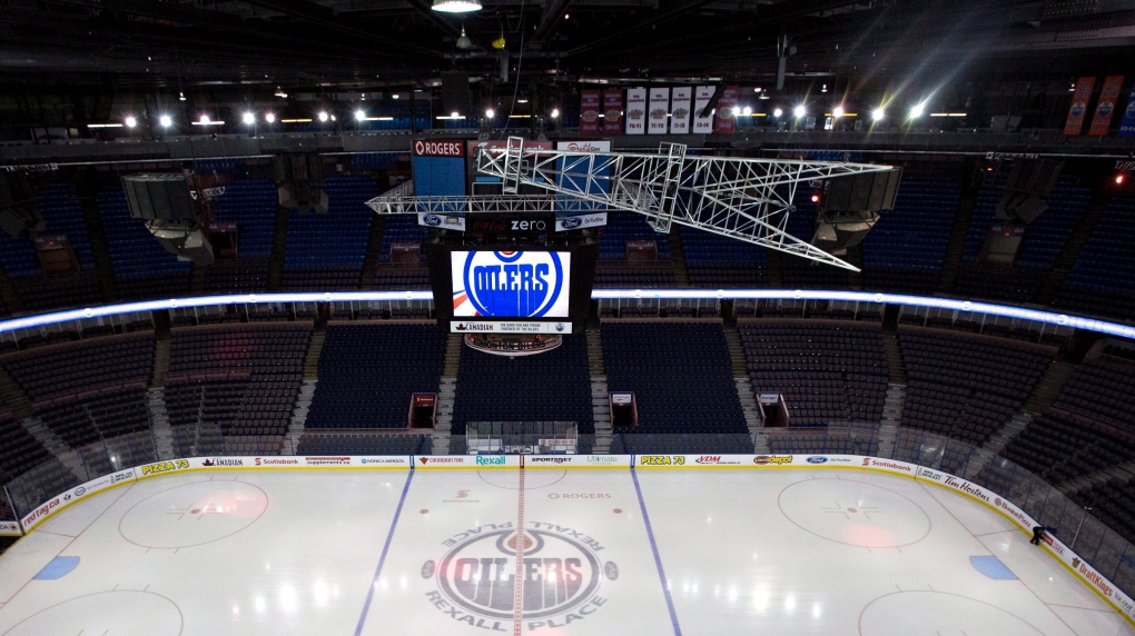 The derrick, seen here above the Rexall Place ice in 2016, has been moved to a new home at Rogers Place. (THE CANADIAN PRESS/ Jason Franson)