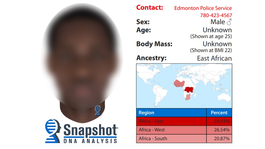 A composite sketch of a suspect in a 2019 sex assault in Edmonton was released by police in October 2022. The image was generated by Parabon NanoLabs in Virginia and cannot predict age, body composition, or environmental and stylistic factors.