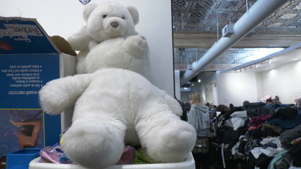 Teddy bears sit at the Free Store for Ukrainian Newcomers in downtown Edmonton on Nov. 23, 2022. 