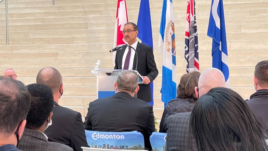 Mayor Amarjeet Sohi announces the city will work with the Edmonton Arts Council to commission a public COVID-19 memorial on Saturday, March 26, 2022 (CTV News Edmonton/Sean McClune).