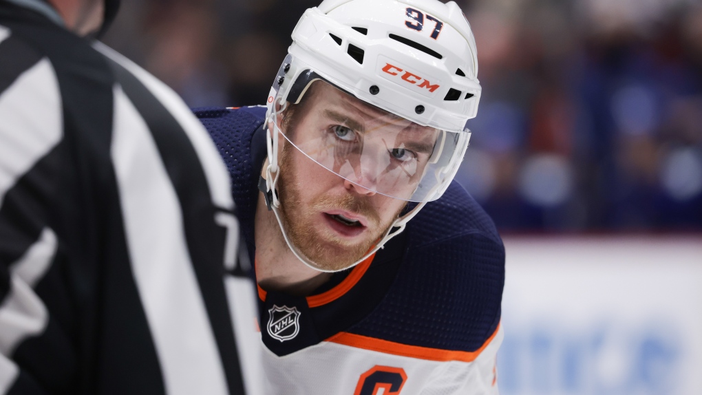 Connor McDavid of the Edmonton Oilers waits for a faceoff in the