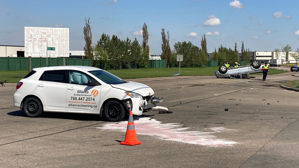 A two-vehicle crash shut down traffic in the area of 149 Street and 131 Avenue. May 25, 2022. (Brandon Lynch/CTV News Edmonton)