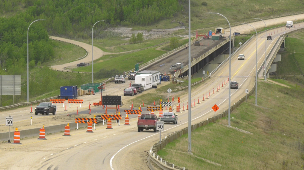 Construction crews work on a bridge near Devon, Alberta on May 27, 2022 (Dave Mitchell/CTV News Edmonton).