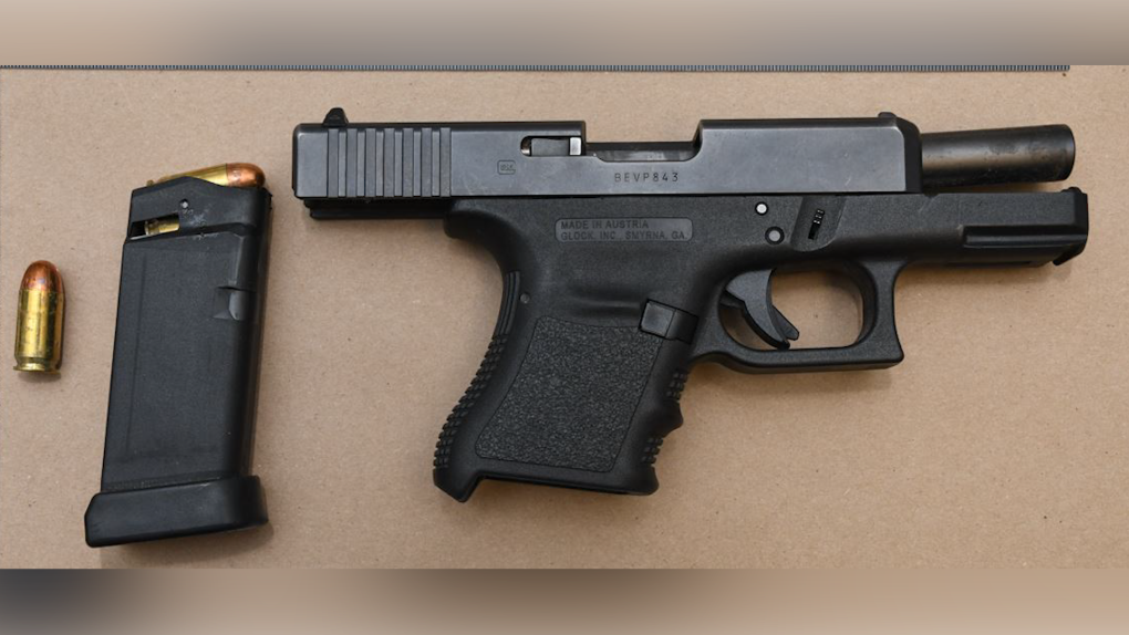 A loaded semi-automatic pistol seized in a restaurant by police. (Source: Edmonton police)