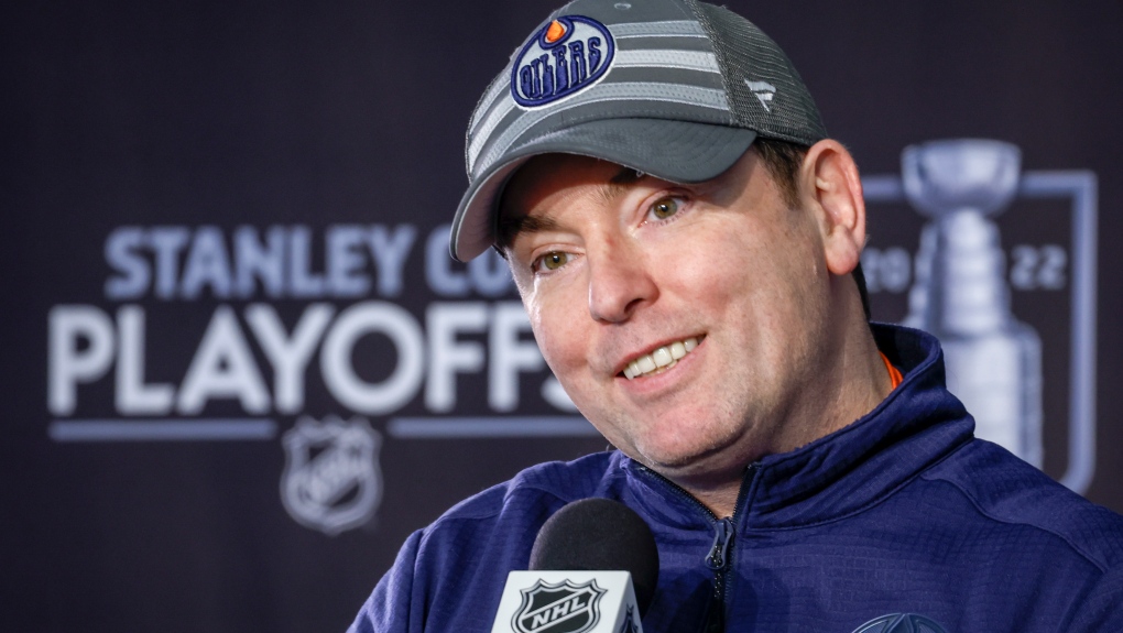 Edmonton Oilers head coach Jay Woodcroft speaks at a media availability in Edmonton, Monday, May 23, 2022. (THE CANADIAN PRESS/Jeff McIntosh)