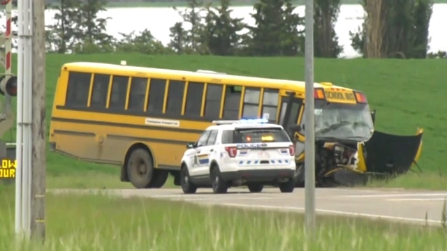 A school bus crashed in St. Albert on Wednesday, June 22, 2022. (John Hanson/CTV News Edmonton)