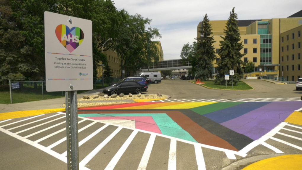 Pride crosswalk at the Royal Alexandra Hospital in Edmonton.