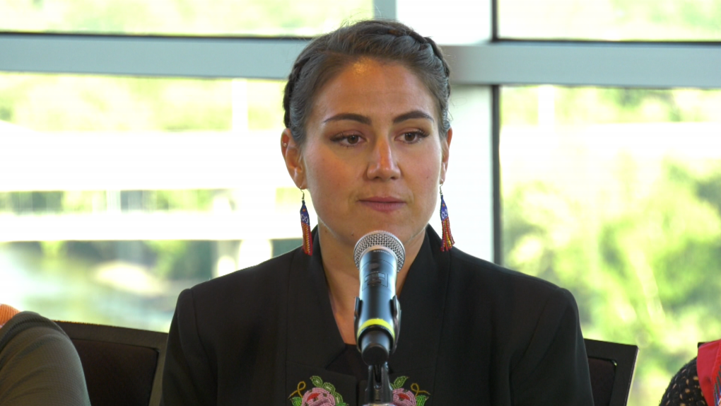 Cassidy Caron, president of the Métis National Council, speaks to media in Edmonton on July 25, 2022, just hours after the head of the Catholic church, Pope Francis, apologized to Indigenous people for the church's role in Canada's residential school system. 