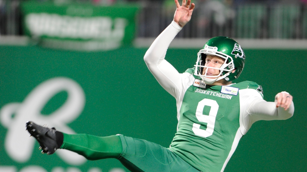 Saskatchewan Roughriders punter Jon Ryan follows through on a punt during second half CFL action against the Winnipeg Blue Bombers, in Regina on Saturday, Oct. 5, 2019. THE CANADIAN PRESS/Mark Taylor