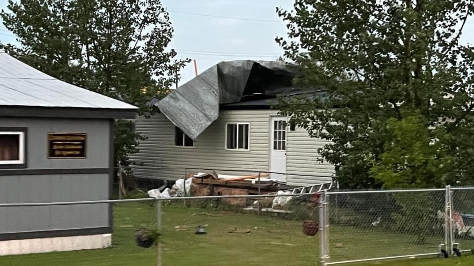 Damage done to a building in the Hines Creek area during a severe storm on Friday, July 29, 2022. (Source: Stephanie Kowal)