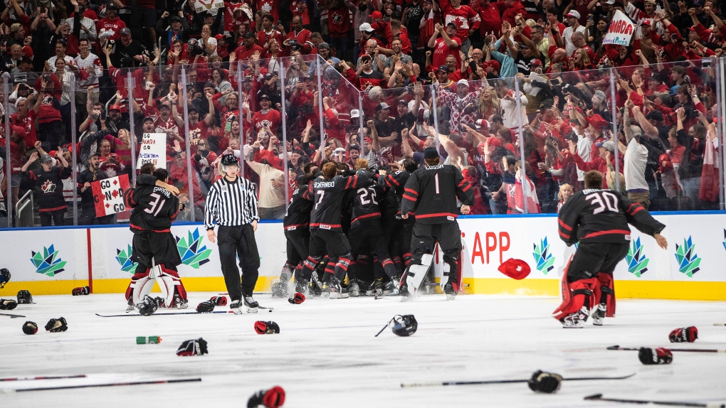 Canada celebrates the win over Finland during overtime IIHF World Junior Hockey Championship gold medal game action in Edmonton on Saturday August 20, 2022 (The Canadian Press/Jason Franson).