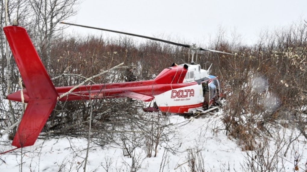 A Bell 206B helicopter owned by Delta Helicopters Ltd. crashed in Alberta on Jan. 23, 2022. (Supplied: Transportation Safety Board of Canada)