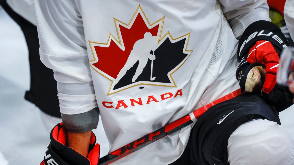 A Hockey Canada logo is shown on the jersey of a player with Canada’s National Junior Team during a training camp practice in Calgary, Tuesday, Aug. 2, 2022.THE CANADIAN PRESS/Jeff McIntosh