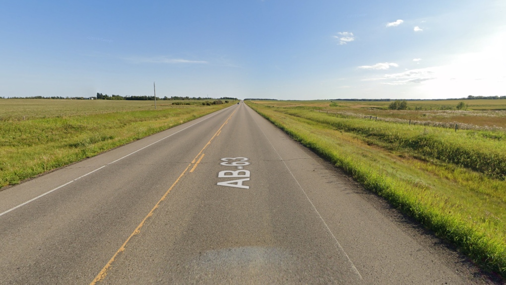 Highway 63 north of Township Road 642 as seen on Google Street View in August 2019.