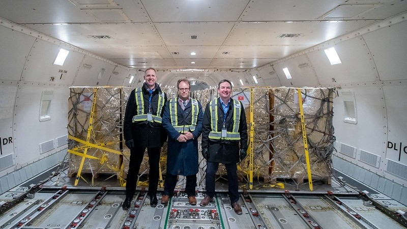 Deputy Premier Nathan Neudorf, Myron Keehn, CEO of Edmonton International Airport and Minister of Health Jason Copping meet the flight carrying the first shipment of children’s pain medication at the Edmonton International Airport. (Supplied)