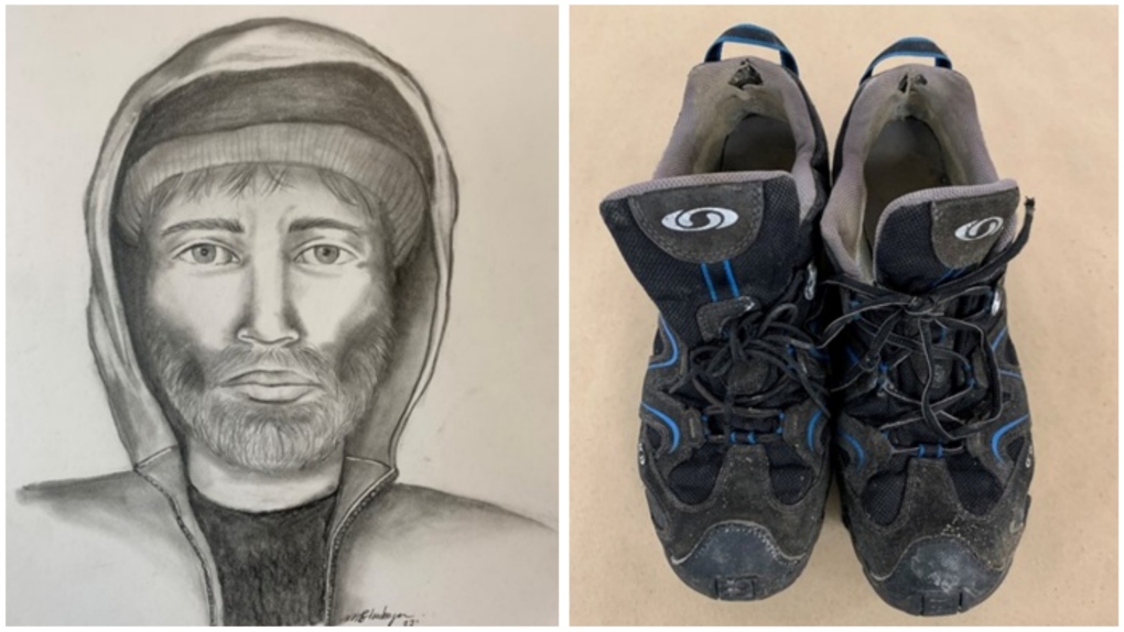 A composite sketch of the missing man along with his shoes (Credit: Edmonton Police Service.)