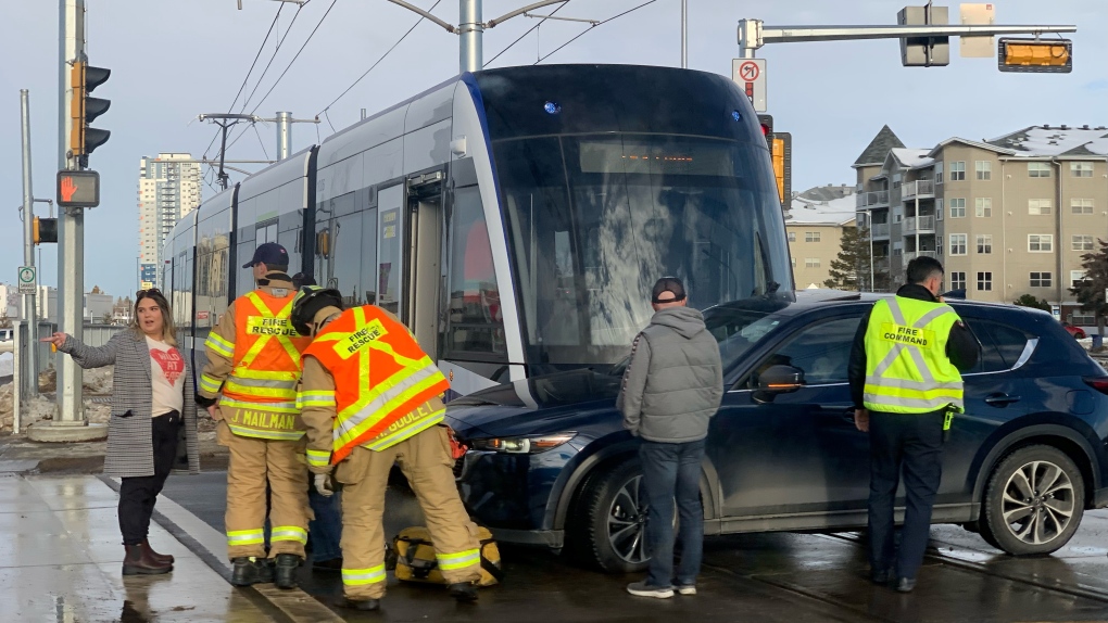 A vehicle crashed into a Valley Line LRT car on a red light on Saturday, Jan. 21, 2023 (Supplied).