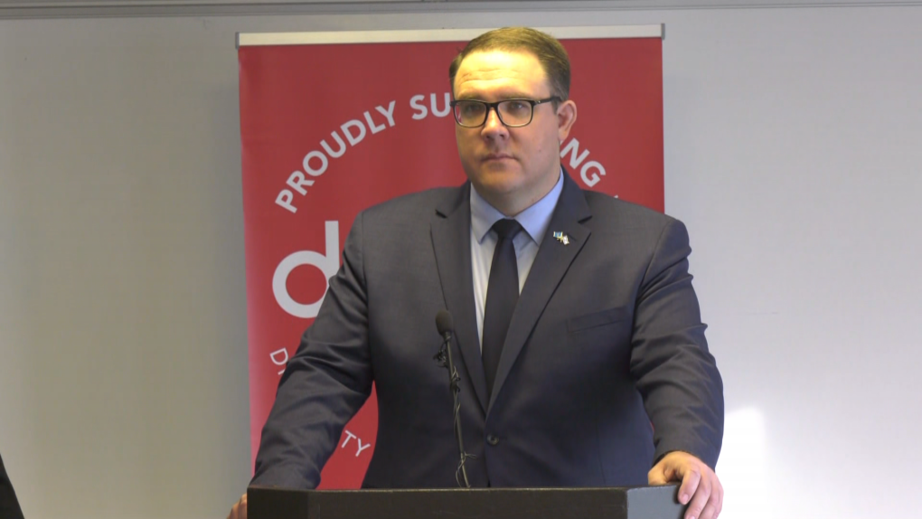 Alberta's minister of seniors community and social services, Jason Nixon, announces funding to support inclusive employment on Oct. 26, 2023. (CTV News Edmonton / Darcy Seaton) 