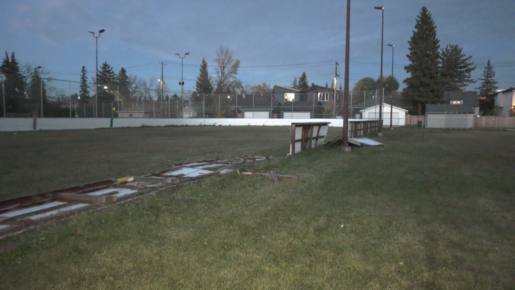 The rink at Grovenor Community Park was damaged on Oct. 2, 2023 after a truck was driven through the boards. (Sean McClune/CTV News Edmonton)