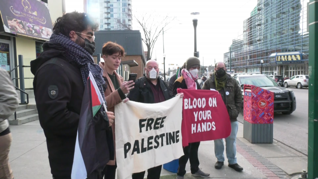 A group of pro-Palestine protesters gathered at MP Randy Boissonnault's office in Edmonton on Monday, Oct. 30, 2023. (Evan Klippenstein/CTV News Edmonton)