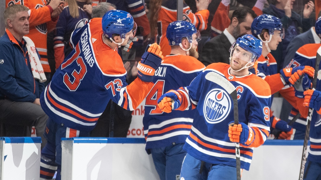 Edmonton Oilers' Connor McDavid (97) celebrates a goal against the Anaheim Ducks during first period NHL action in Edmonton on Sunday November 26, 2023. THE CANADIAN PRESS/Jason Franson