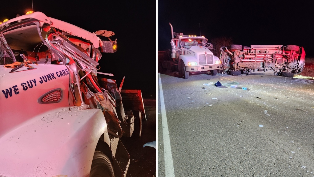 A tow truck driver was injured when a pickup driver hit his parked truck near Lloydminster, Alta., on November 28, 2023. (Credit: RCMP)
