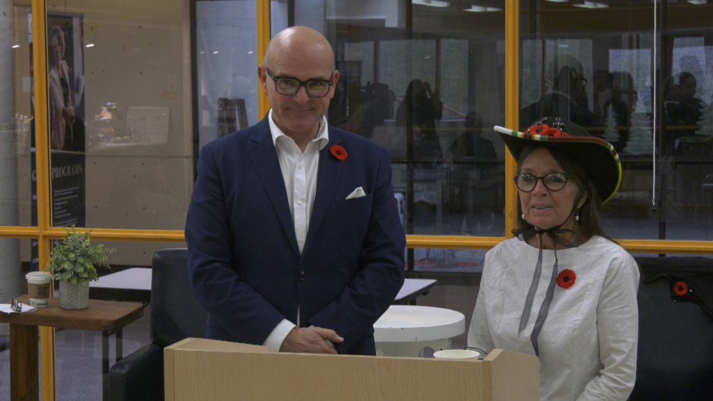 Edmonton Centre MP Randy Boissonnault, left, and Red Road Healing Society director Joanne Pompana on Friday at an announcement of $6.9-million in federal funding for the Restoring Home Fires initiative to help address issues around Indigenous homelessness. (Dave Mitchell/CTV News Edmonton)