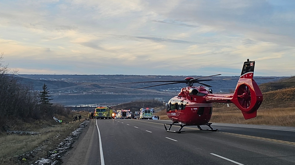 A STARS air ambulance on the scene of a collision on Highway 2 Nov. 9, 2023, near Peace River, Alta. (Credit: RCMP)