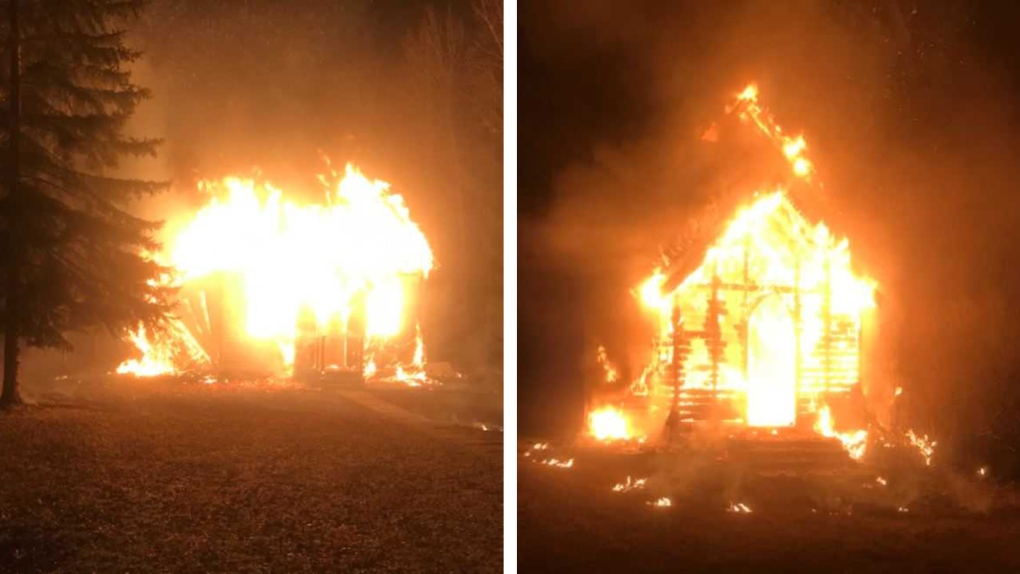A church near Barrhead, left, and Glenreagh Church, right, were destroyed in intentionally set fires on Dec. 7, 2023, according to police. (Photos provided.) 