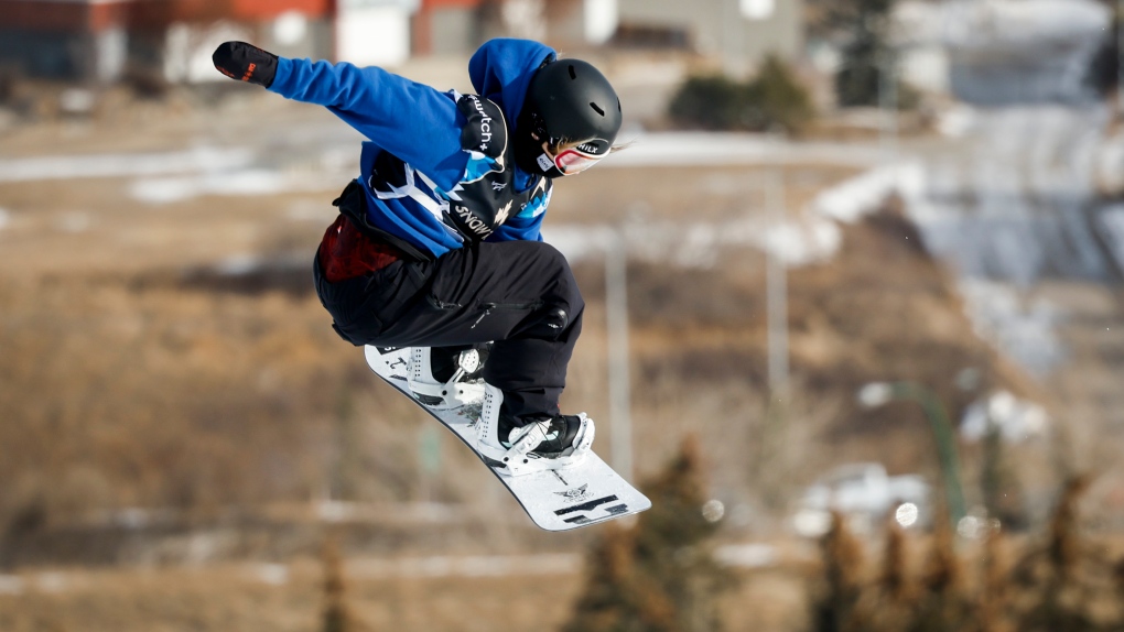 Canadian rider Jasmine Baird competes during the women's World Cup slopestyle snowboard event in Calgary, Alta., Sunday, Feb. 12, 2023.THE CANADIAN PRESS/Jeff McIntosh