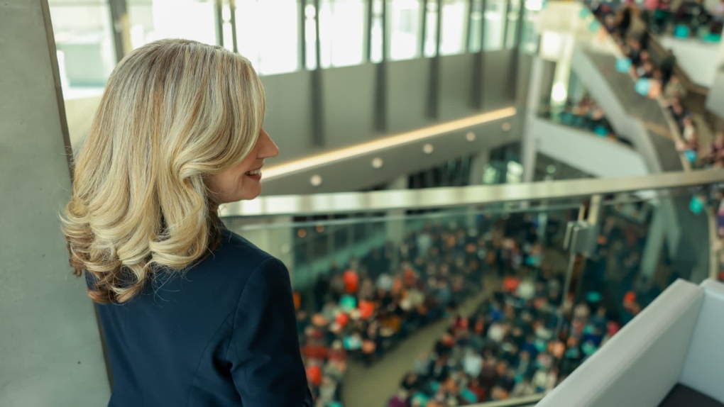 Rachel Notley overlooks the crowd at the Productivity and Innovation Centre Atrium at NAIT on Saturday, March 11, 2023 (Source: Rachel Notley/Twitter).