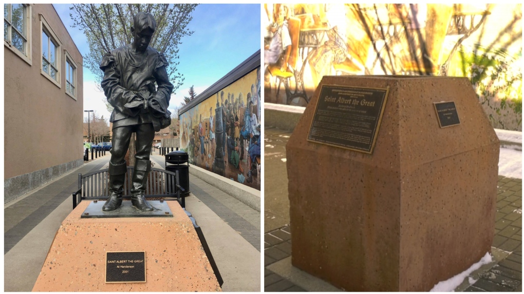 "St. Albert The Great" statute in downtown St. Albert (Source: Arts and Heritage St. Albert) and the empty space where it was prior to March 14, 2023. (Matt Marshall/CTV News Edmonton)