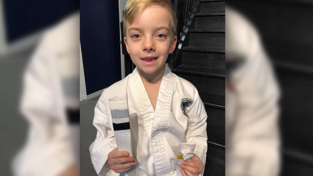 Liam Potvin, 12, moved to B.C. last year but he's still attending St. Albert taekwondo classes via Zoom. (Supplied)