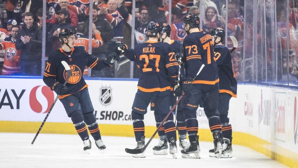 Edmonton Oilers players celebrate a goal against the Ottawa Senators during first period NHL action in Edmonton on Friday March 14, 2023.(THE CANADIAN PRESS/Jason Franson)