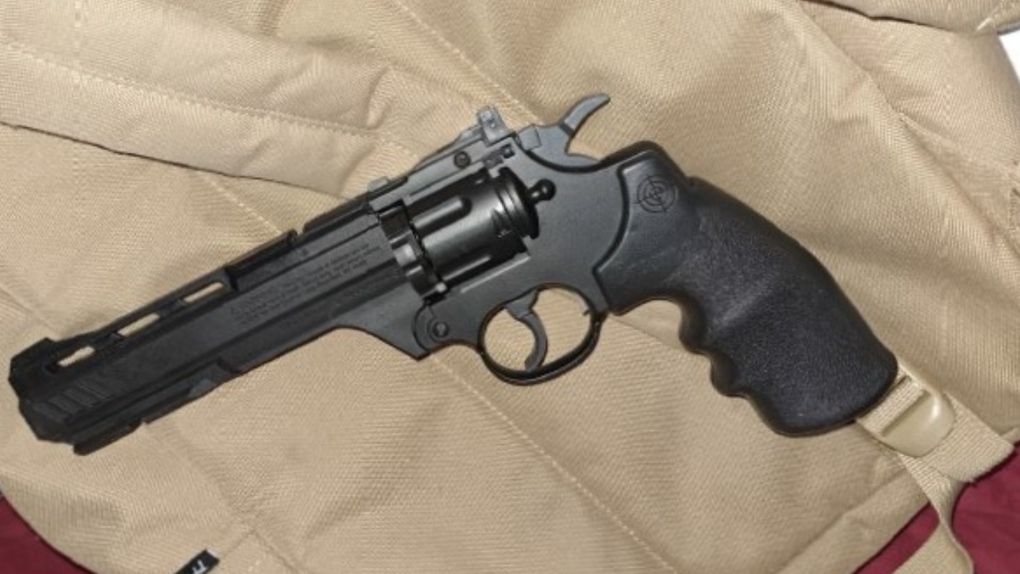 Parkland RCMP recovered an imitation firearm from two youths who they say robbed a food delivery worker in Spruce Grove on March 22, 2023. (Photo provided.)