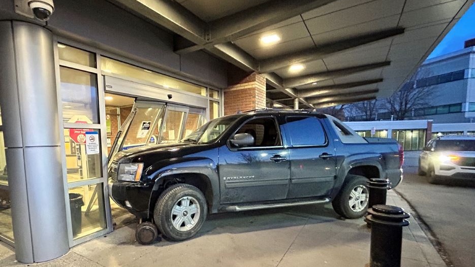 A truck was driven through a cement barrier and into the front doors of the Sturgeon Community Hospital on March 26, 2023, shortly after 8 p.m. Police called the cause of the crash "medical in nature." (Photo provided by RCMP.) 