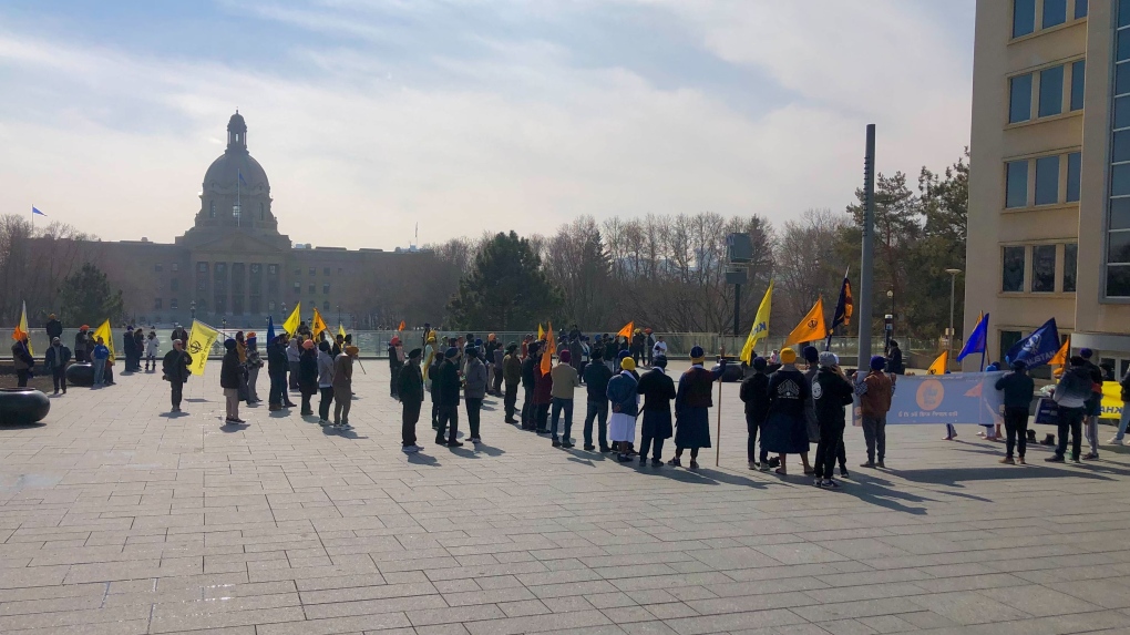 Protesters gather in front of Alberta's legislature raising awareness about human rights abuses in India's Punjab state (CTV News Edmonton/John Hanson).