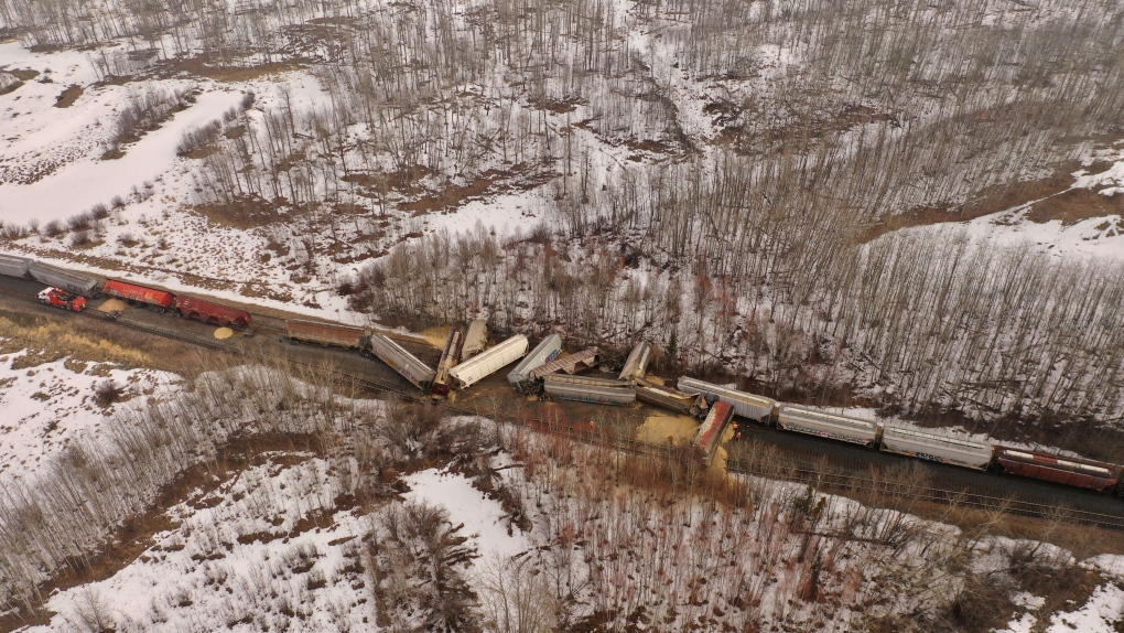 Spilled grain is seen on CN Rail's line at Wye Road and Range Road 213 in Strathcona County after a derailment on April 5, 2023.