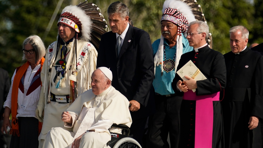 Pope Francis arrives the Lac Ste. Anne pilgrimage site in Alberta, Canada, Tuesday, July 26, 2022. Pope Francis traveled to Canada to apologize to Indigenous peoples for the abuses committed by Catholic missionaries in the country's notorious residential schools. (AP Photo/Eric Gay)